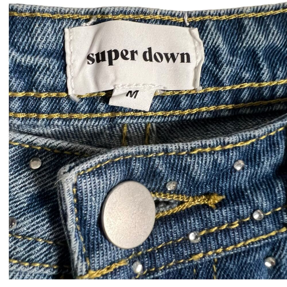 Superdown Kierra Rhinestone High Waist Raw Hem Denim Blue Jean Shorts Size M - Picture 5 of 10
